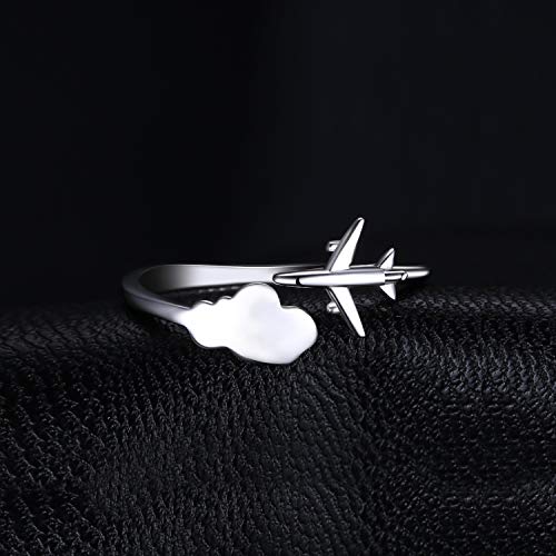 925 Sterling Silver Global Airplane Travel World Map Open Adjustable Ring (Resizable Ring)