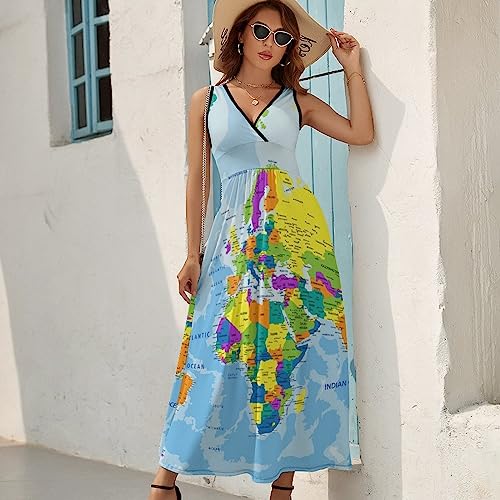 Sleeveless V Neck Casual Maxi Dress for Colorful World Map