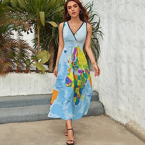 Sleeveless V Neck Casual Maxi Dress for Colorful World Map
