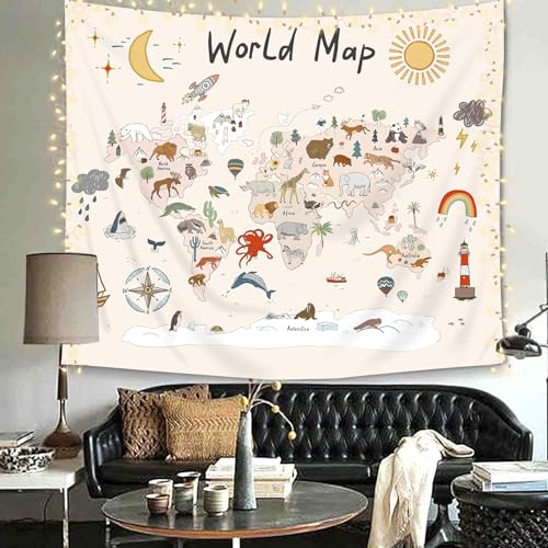 World Map Kids Tapestry 59Wx51H Inches