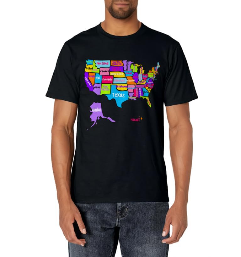 Colorful US Map with states names, United States USA T-Shirt