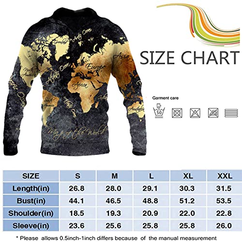 World Map Hoodies Retro Pullover with Pockets