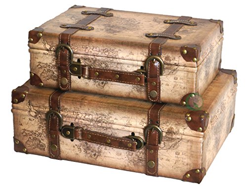 World Map Leather Vintage Style Suitcase with Straps