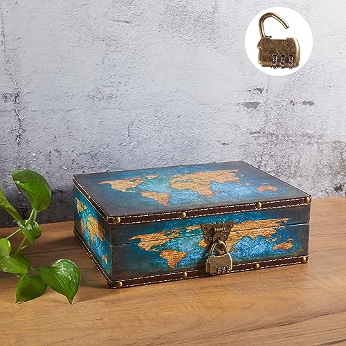 Vintage Wood and Leather Treasure Chest with Lid and Lock 10.6"×8.3"×3.7"