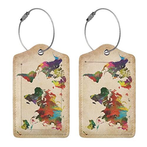 Map of The World Cute Luggage Tag 2 Pack Leather