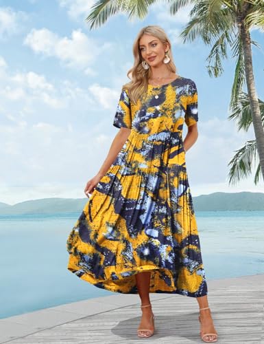 World Map Loose Bohemian Floral Dress with Pockets Swing Dress