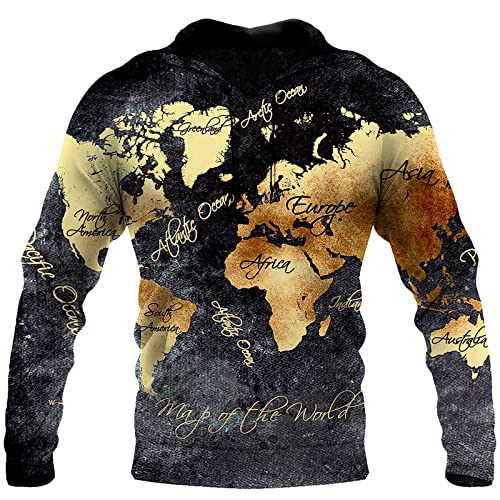 World Map Hoodies Retro Pullover with Pockets