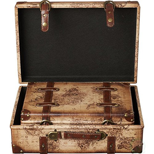 World Map Leather Vintage Style Suitcase with Straps