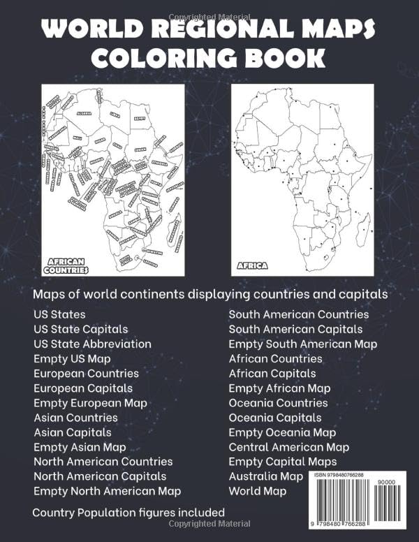 World Map Coloring Book: Maps of the World Continents featuring Country Border, Capitals, Population figures and Empty Maps