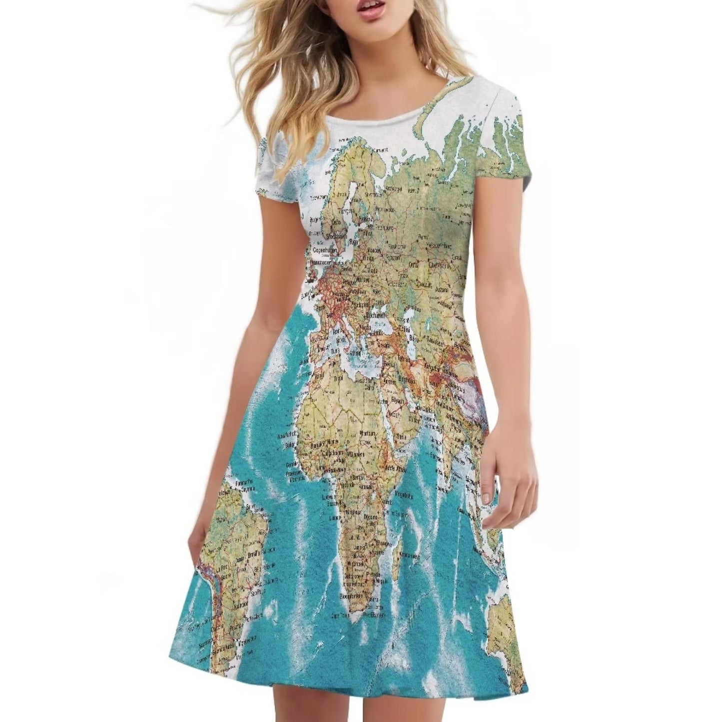 World Map Graphic Dress Short Sleeve Summer Dresses