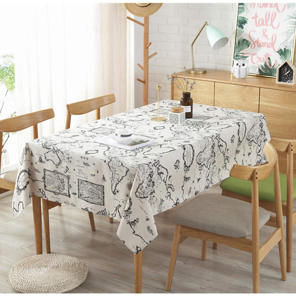 World Map Washable Tablecloth Vintage Rectangle（Square, 55 x 55 Inch）