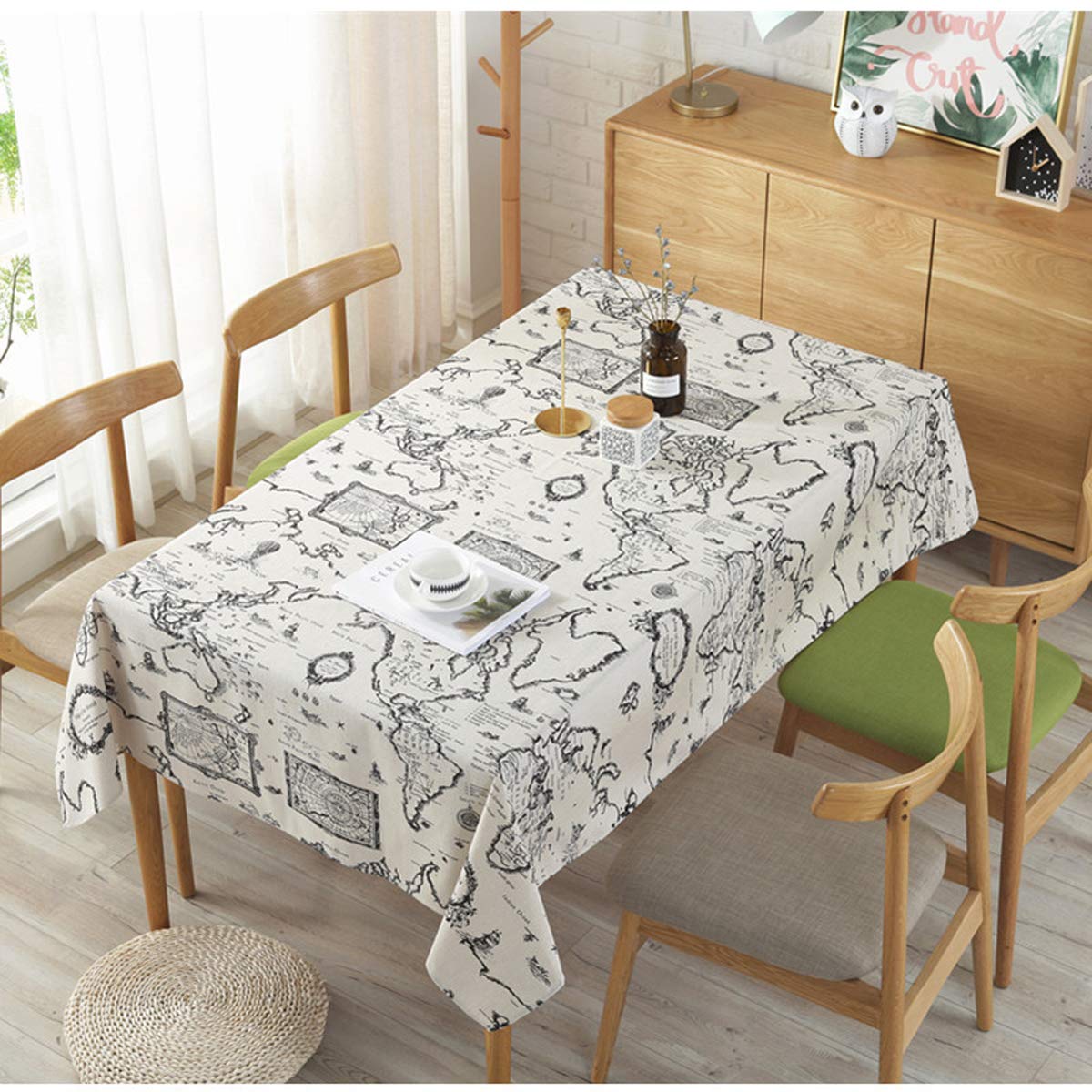 World Map Washable Tablecloth Vintage Rectangle（Square, 55 x 55 Inch）