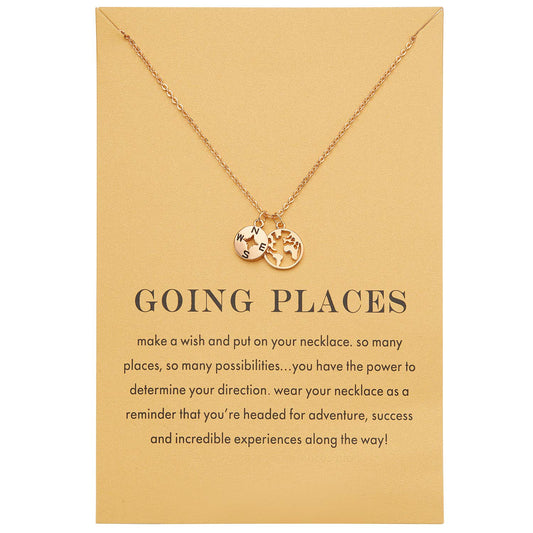 Dainty Yellow Gold Plated Compass World Map Pendant Necklace