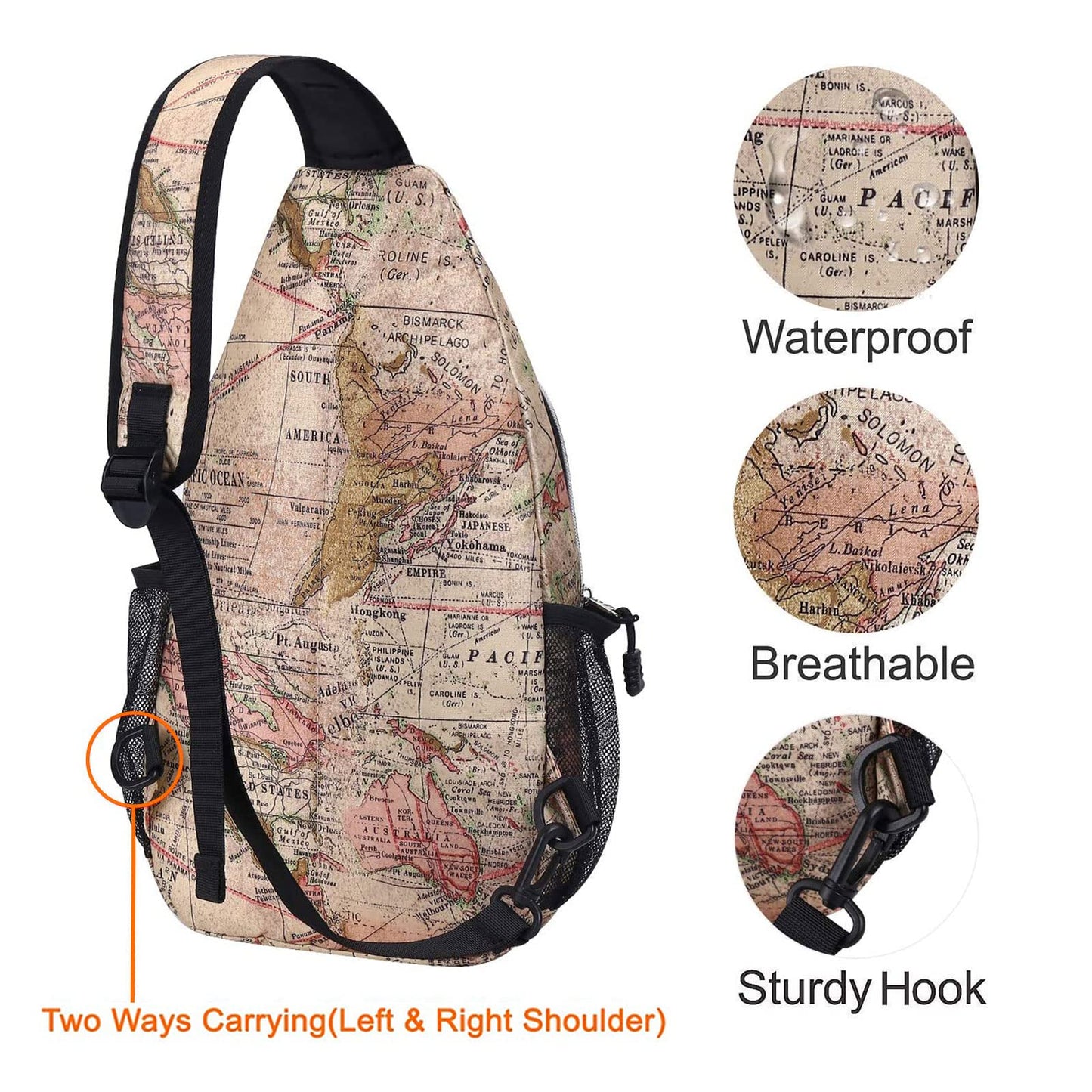 World Map Travel Hiking Daypack Pattern Rope Crossbody Shoulder Bag