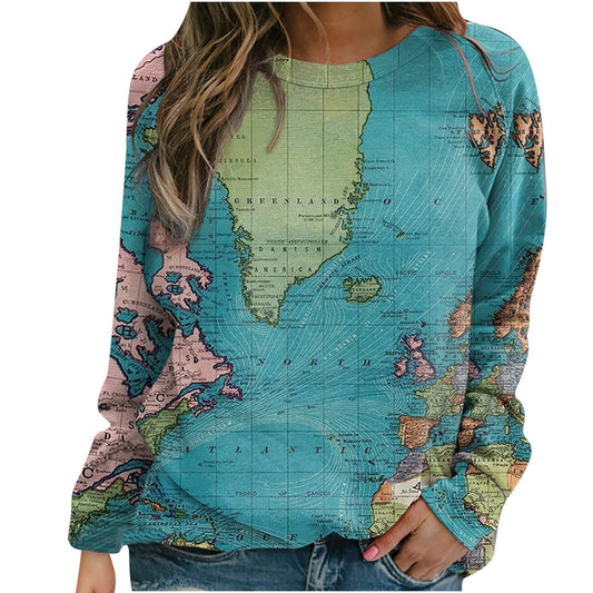 World Map Graphic Print Sweatshirt Crew Neck T Shirt