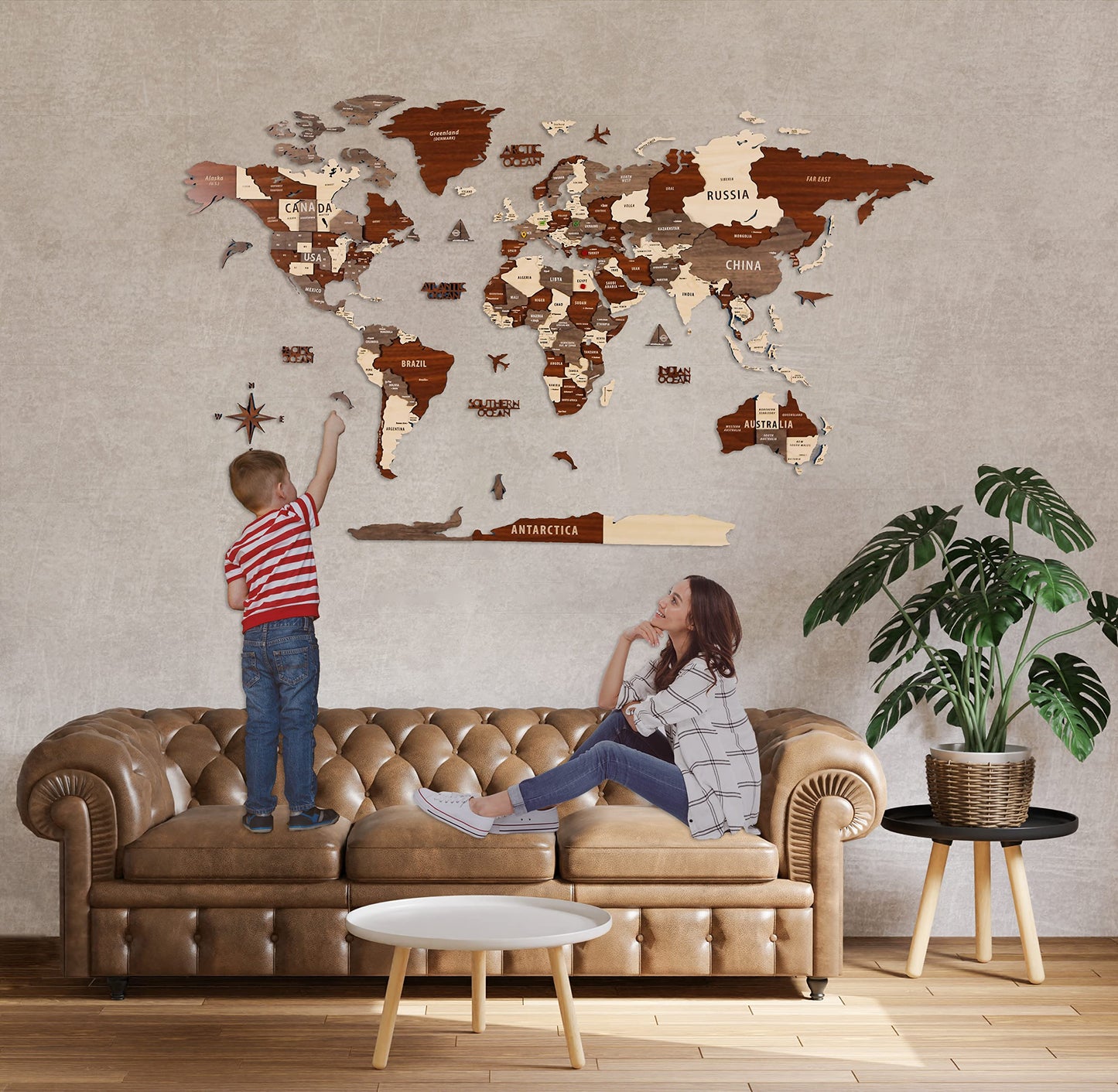 Multilayered 3D Wooden World Map
